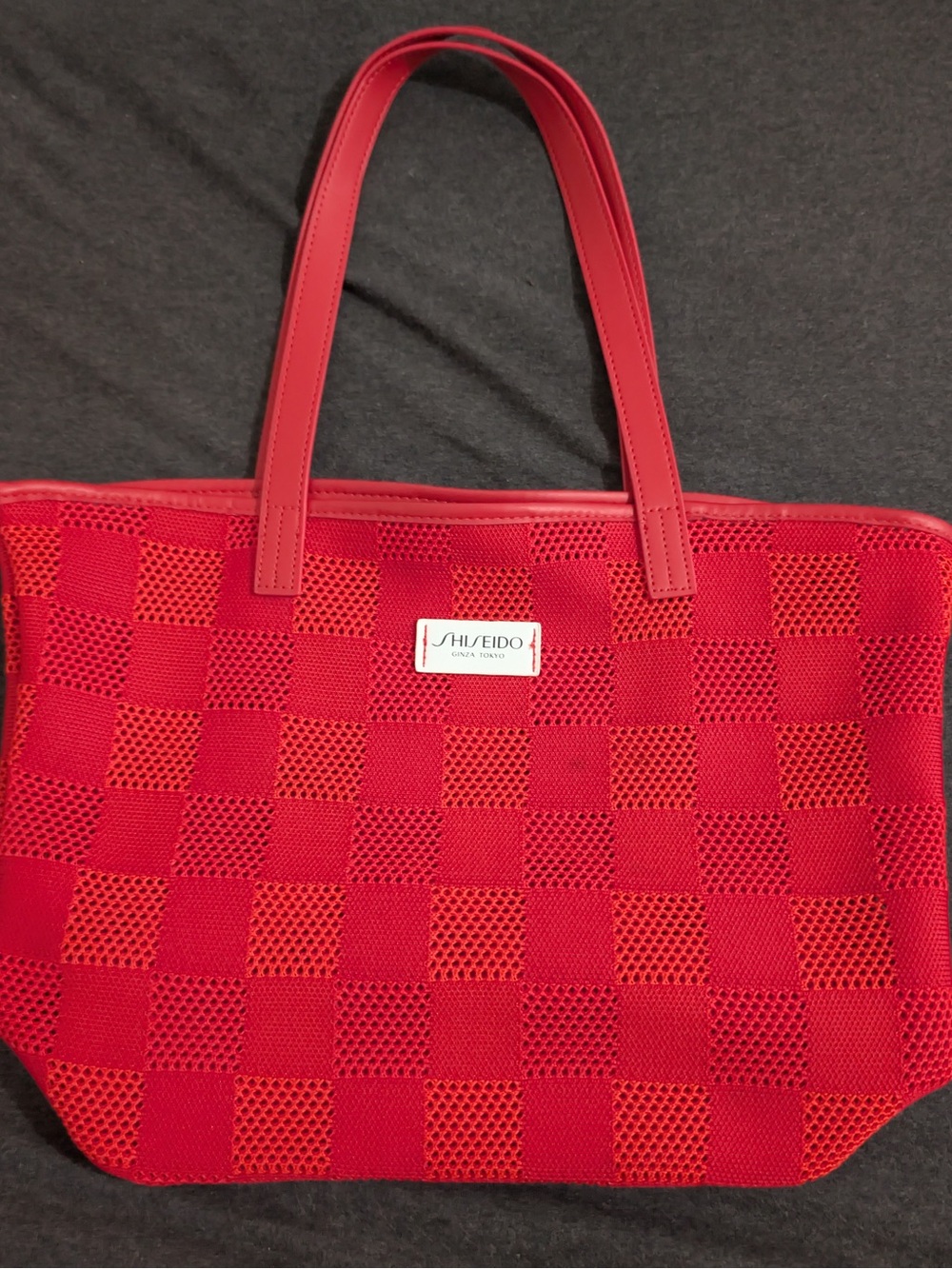 Shiseido Red Checkered Mesh Tote